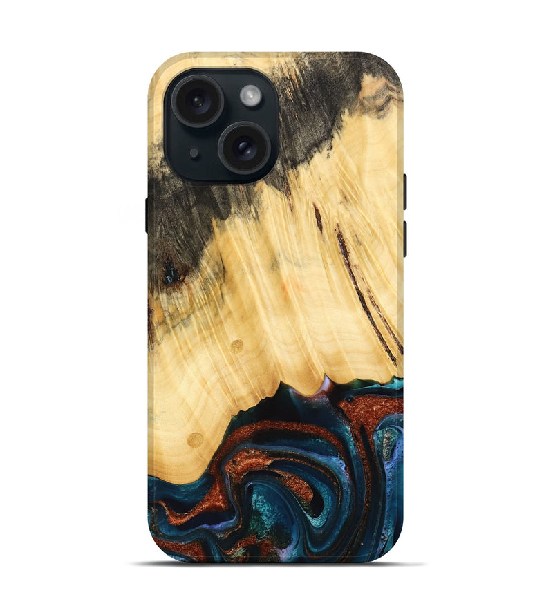 iPhone 15 Wood Live Edge Phone Case - Pratt (Teal & Gold, 733817)