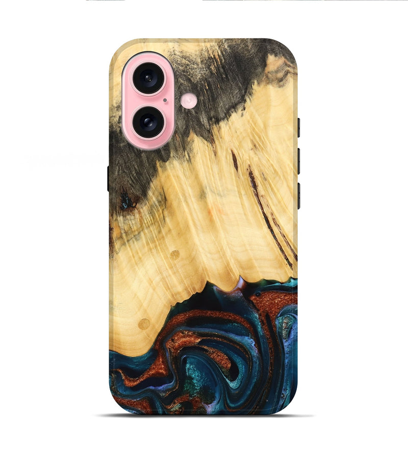 iPhone 16 Wood Live Edge Phone Case - Pratt (Teal & Gold, 733817)