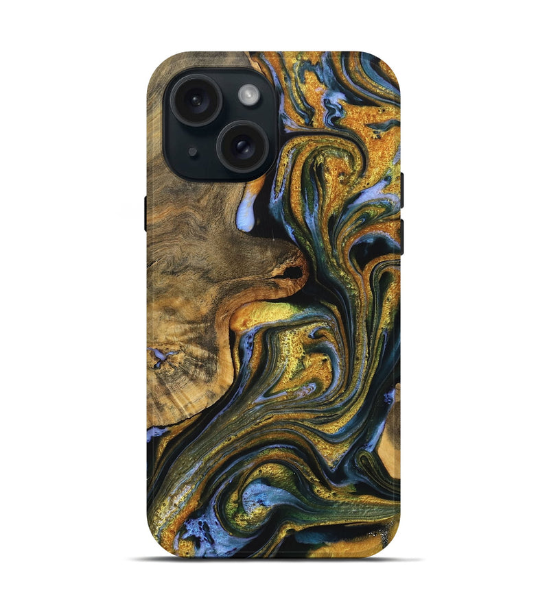 iPhone 15 Wood Live Edge Phone Case - Letitia (Teal & Gold, 733818)