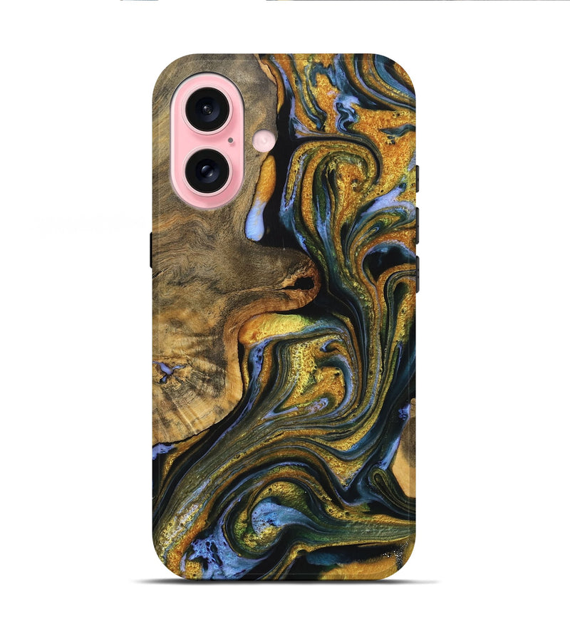 iPhone 16 Wood Live Edge Phone Case - Letitia (Teal & Gold, 733818)