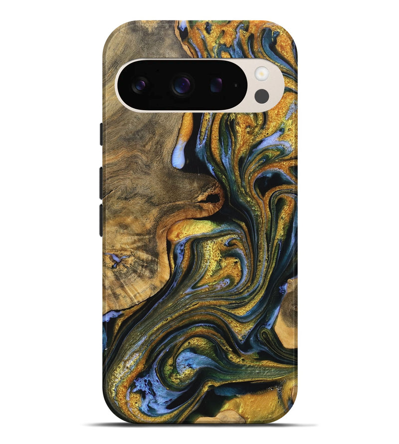 Pixel 9 Pro XL Wood Live Edge Phone Case - Letitia (Teal & Gold, 733818)