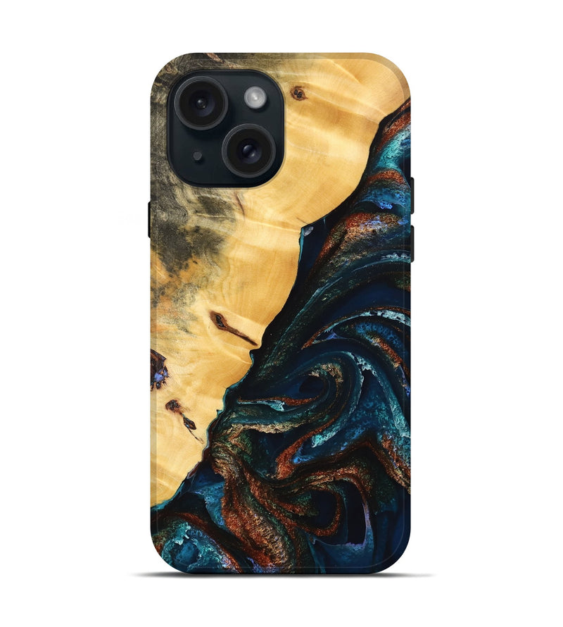 iPhone 15 Wood Live Edge Phone Case - Hamp (Teal & Gold, 733820)