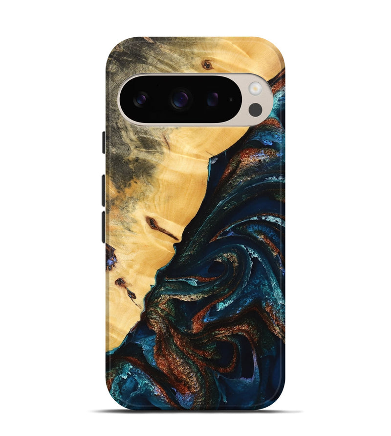 Pixel 9 Wood Live Edge Phone Case - Hamp (Teal & Gold, 733820)