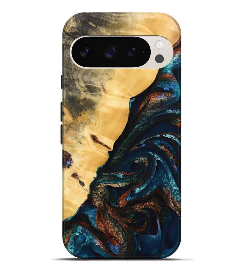 Pixel 9 Pro XL Wood Live Edge Phone Case - Hamp (Teal & Gold, 733820)