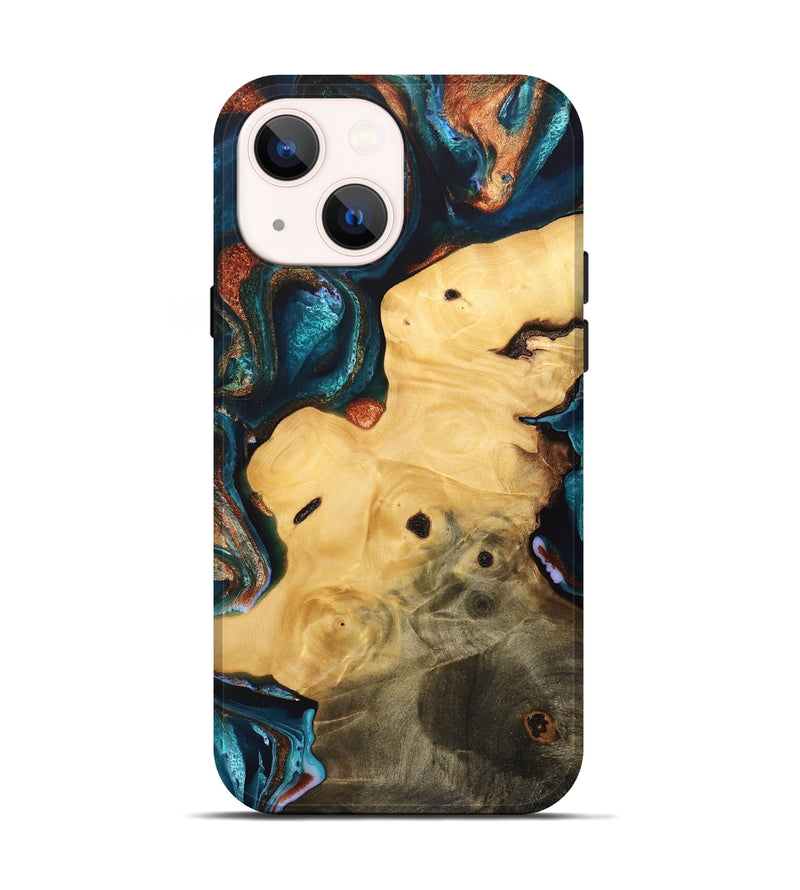 iPhone 14 Wood Live Edge Phone Case - Myrah (Teal & Gold, 733821)