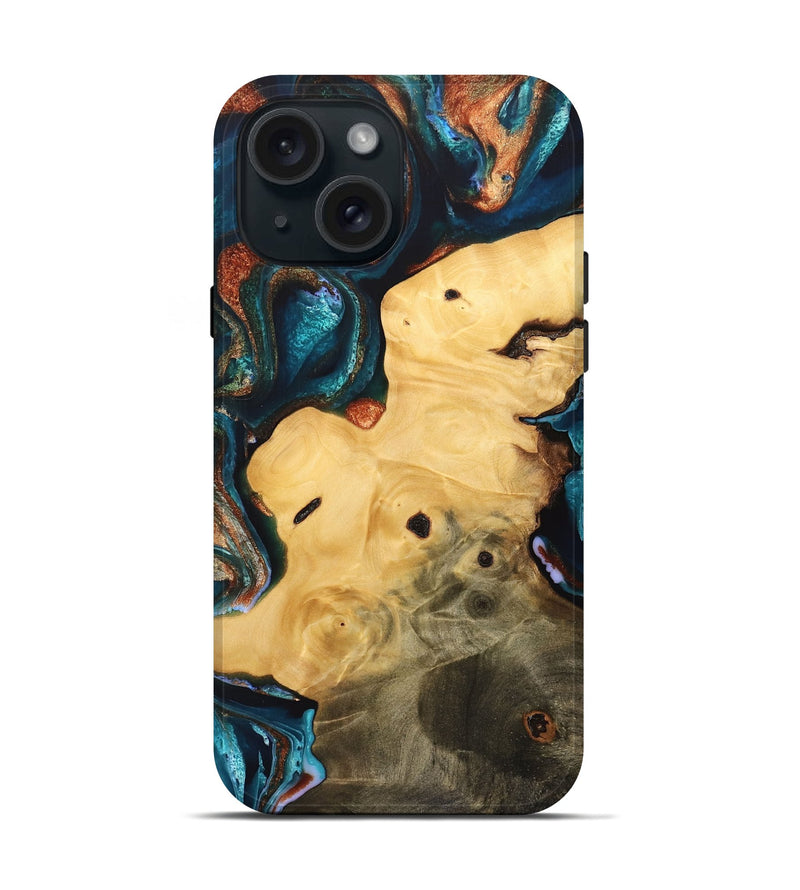 iPhone 15 Wood Live Edge Phone Case - Myrah (Teal & Gold, 733821)