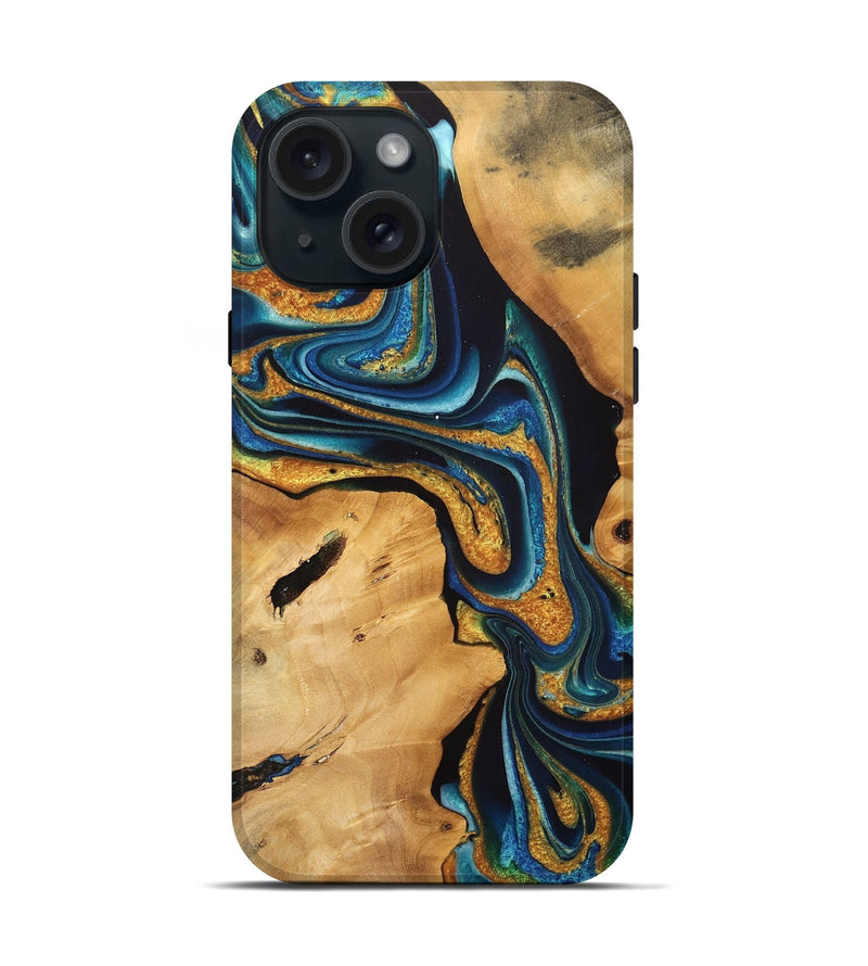 iPhone 15 Wood Live Edge Phone Case - Leodora (Teal & Gold, 733833)