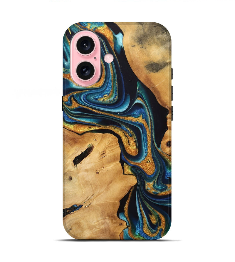 iPhone 16 Wood Live Edge Phone Case - Leodora (Teal & Gold, 733833)