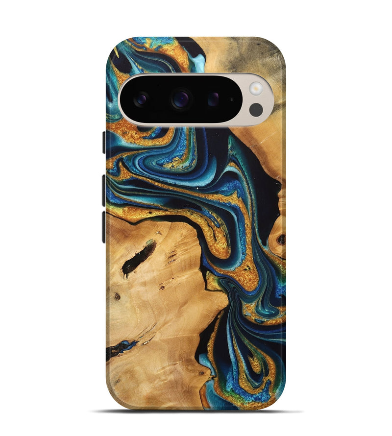 Pixel 9 Wood Live Edge Phone Case - Leodora (Teal & Gold, 733833)