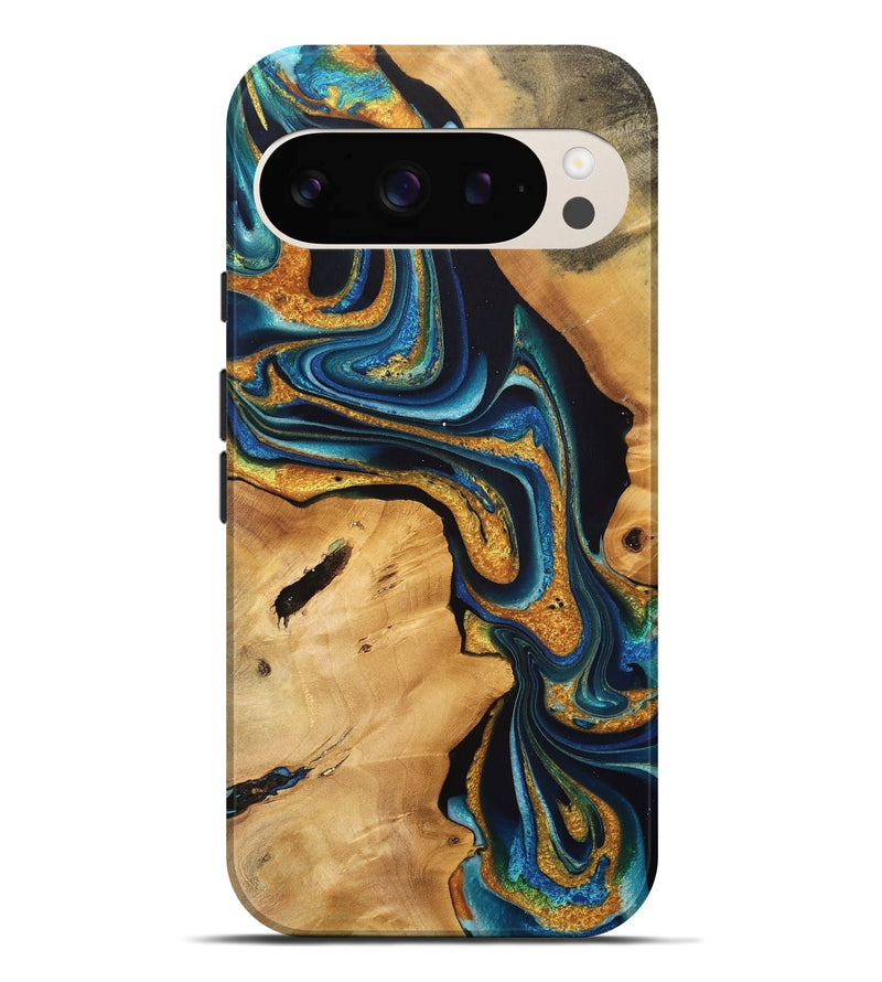 Pixel 9 Pro XL Wood Live Edge Phone Case - Leodora (Teal & Gold, 733833)