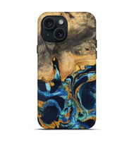 iPhone 15 Wood Live Edge Phone Case - Brit (Teal & Gold, 733834)