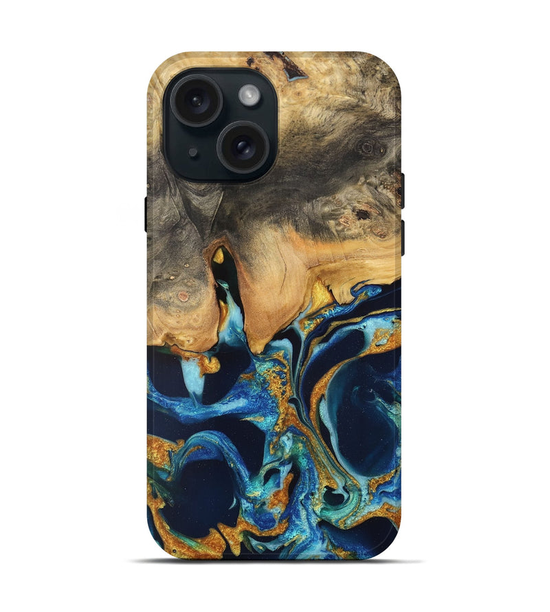 iPhone 15 Wood Live Edge Phone Case - Brit (Teal & Gold, 733834)