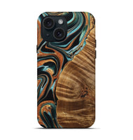 iPhone 15 Wood Live Edge Phone Case - Kayley (Teal & Gold, 733835)