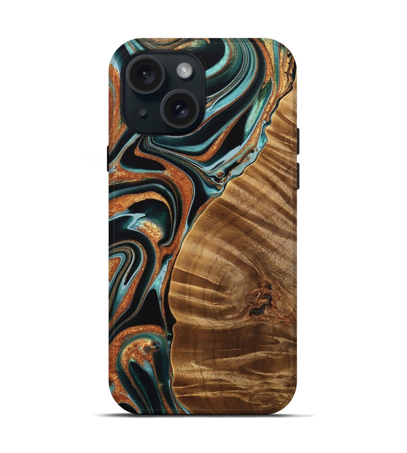 iPhone 15 Wood Live Edge Phone Case - Kayley (Teal & Gold, 733835)