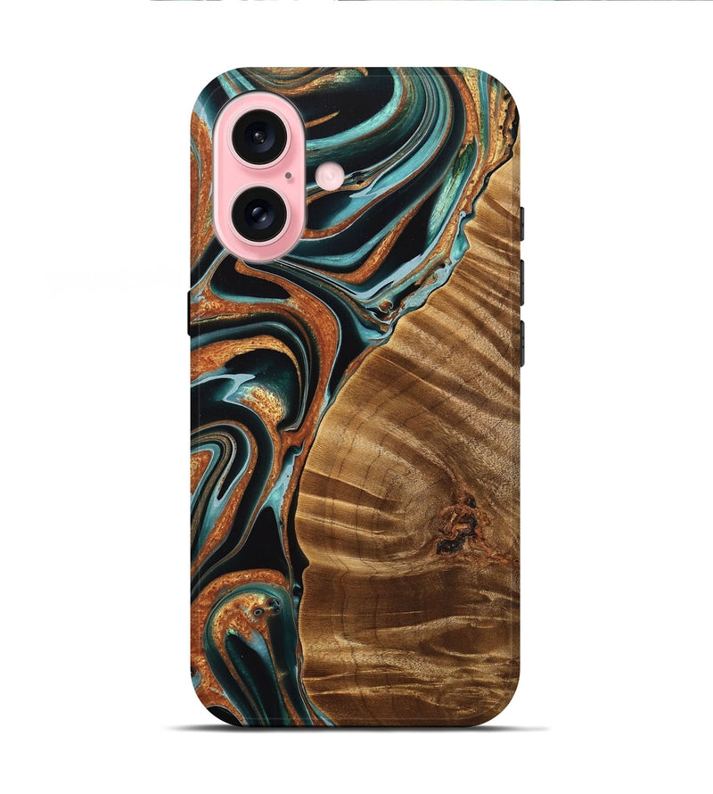 iPhone 16 Wood Live Edge Phone Case - Kayley (Teal & Gold, 733835)