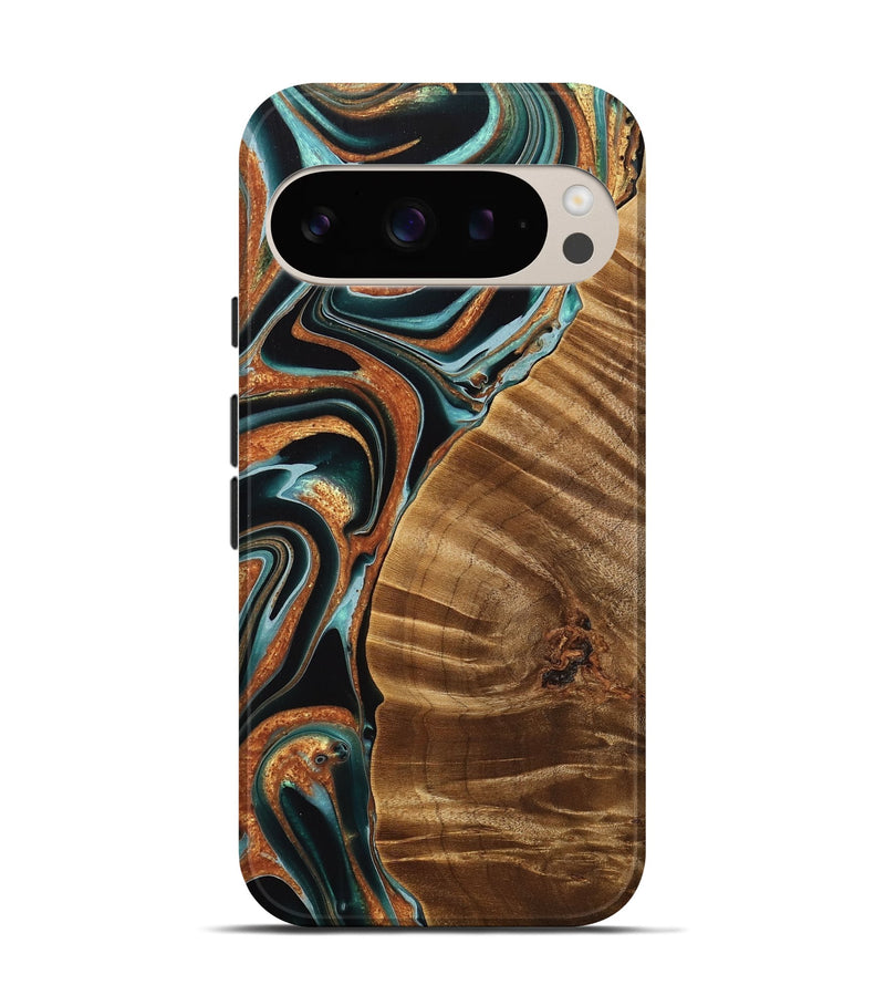 Pixel 9 Wood Live Edge Phone Case - Kayley (Teal & Gold, 733835)