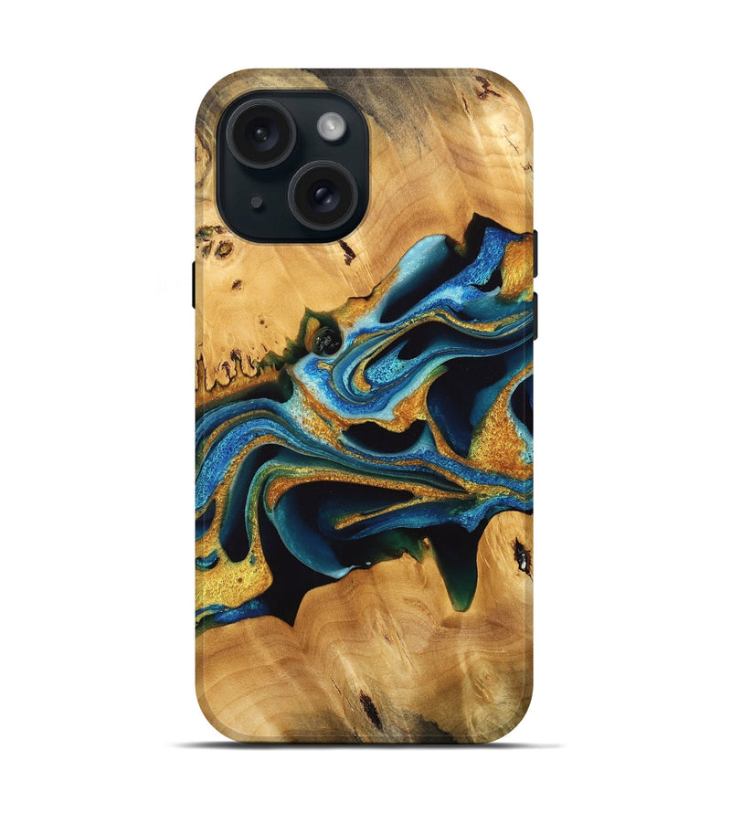 iPhone 15 Wood Live Edge Phone Case - Felisha (Teal & Gold, 733836)