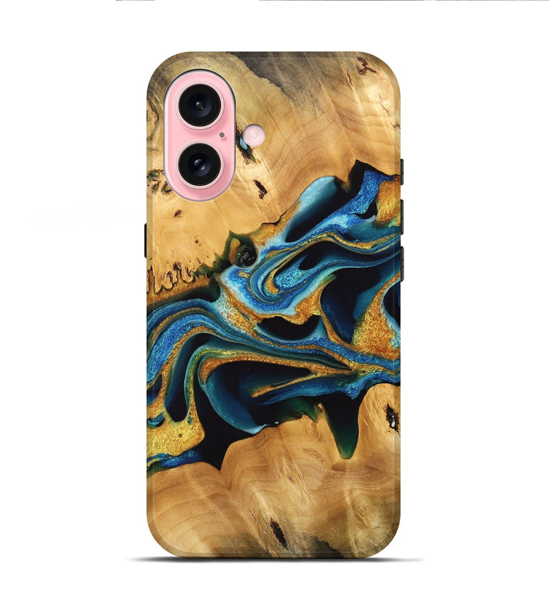 iPhone 16 Wood Live Edge Phone Case - Felisha (Teal & Gold, 733836)