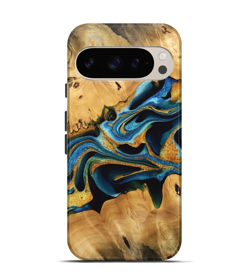 Pixel 9 Wood Live Edge Phone Case - Felisha (Teal & Gold, 733836)