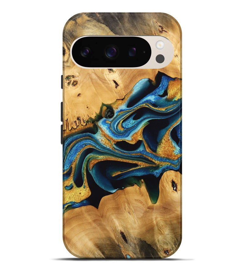 Pixel 9 Pro XL Wood Live Edge Phone Case - Felisha (Teal & Gold, 733836)