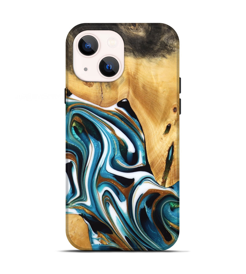 iPhone 13 Wood Live Edge Phone Case - Tyreek (Teal & Gold, 734600)