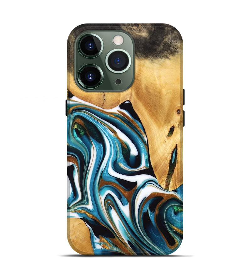 iPhone 13 Pro Wood Live Edge Phone Case - Tyreek (Teal & Gold, 734600)