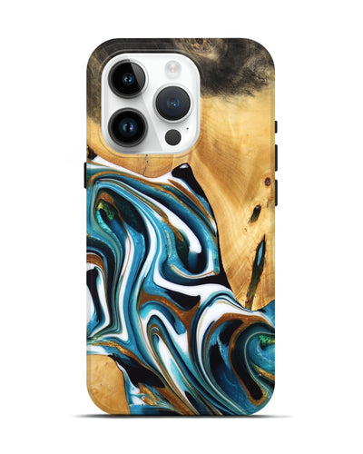 iPhone 15 Pro Wood Live Edge Phone Case - Tyreek (Teal & Gold, 734600)