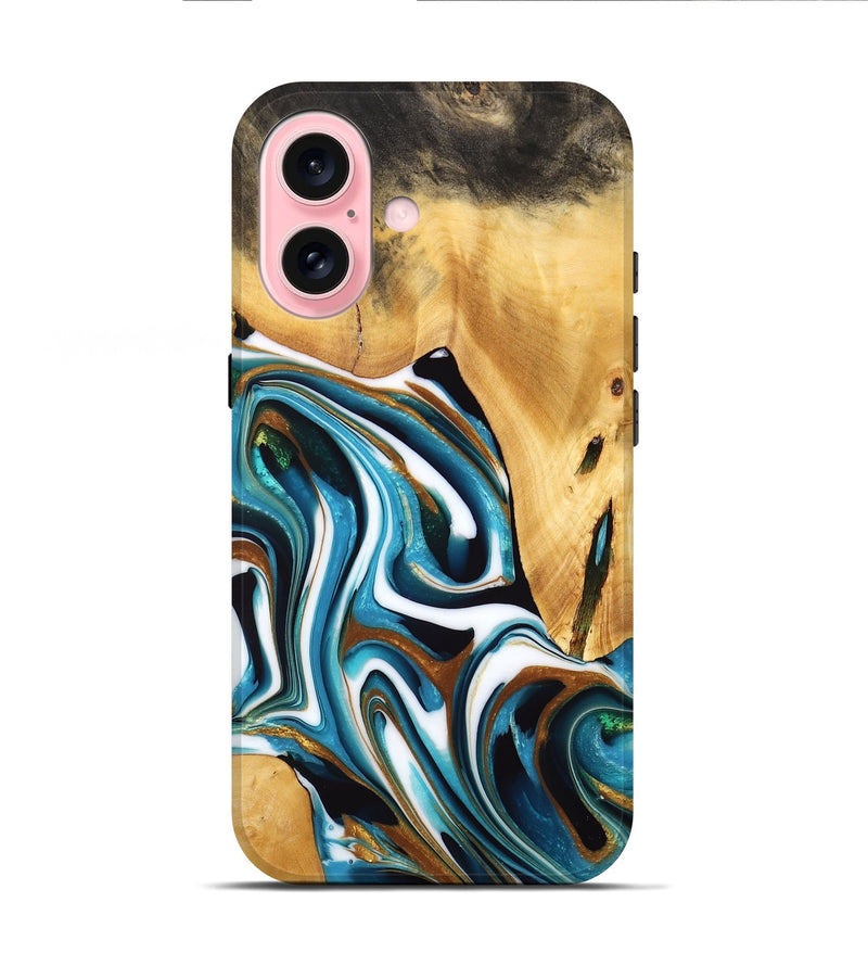 iPhone 16 Wood Live Edge Phone Case - Tyreek (Teal & Gold, 734600)