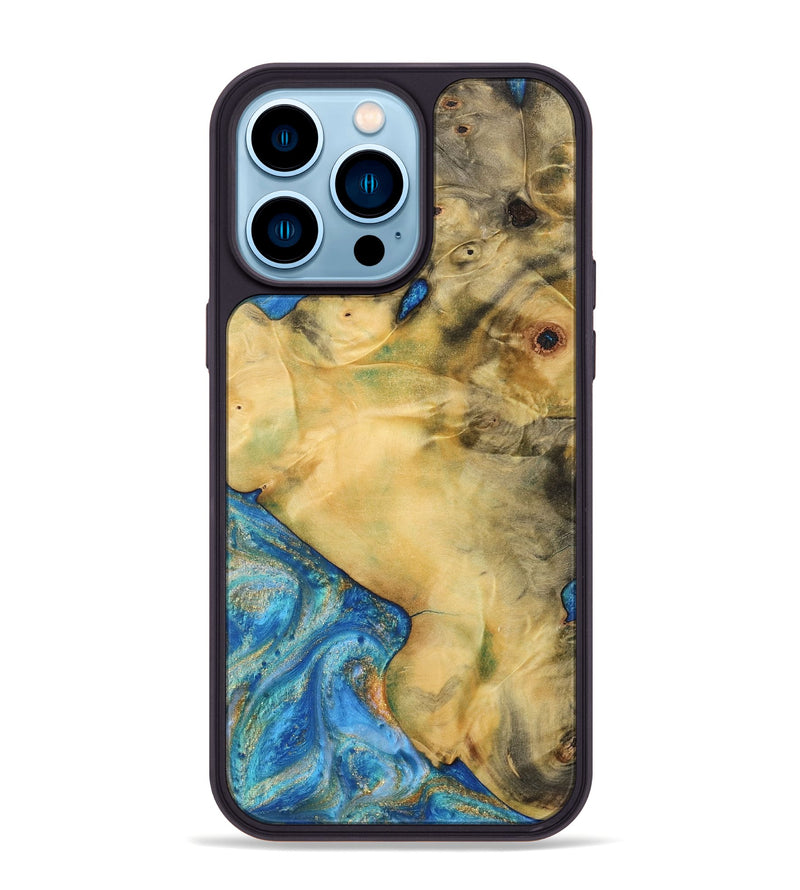 iPhone 14 Pro Max Wood Phone Case - Honey (Teal & Gold, 734651)