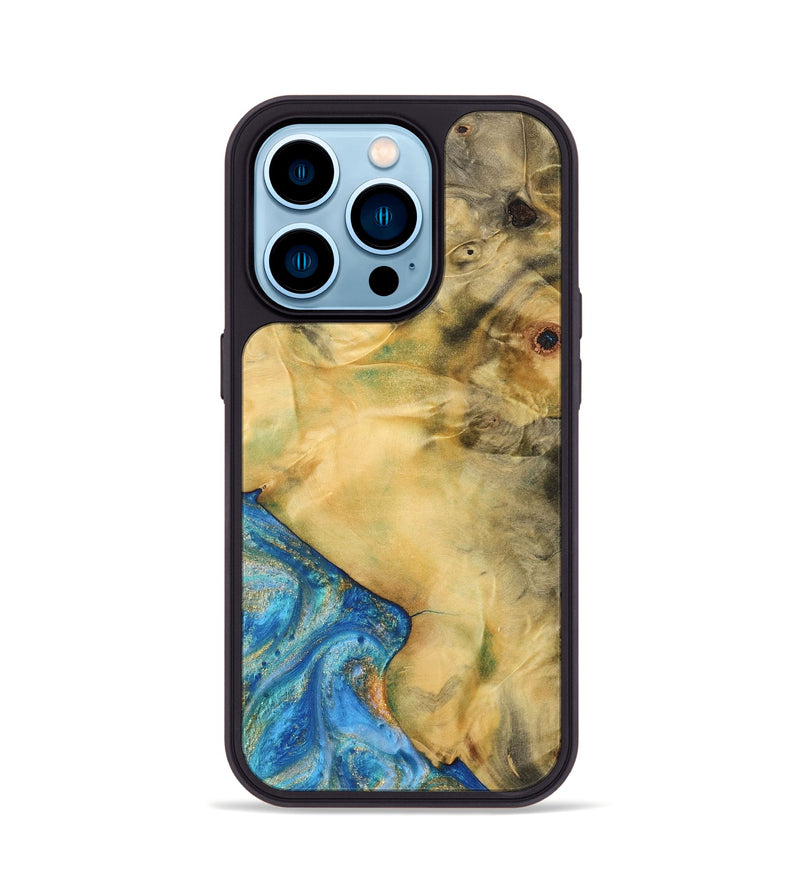 iPhone 14 Pro Wood Phone Case - Honey (Teal & Gold, 734651)