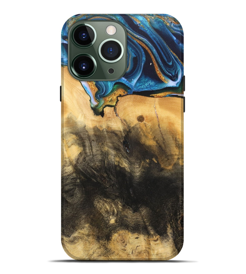 iPhone 13 Pro Max Wood Live Edge Phone Case - Demond (Teal & Gold, 734894)