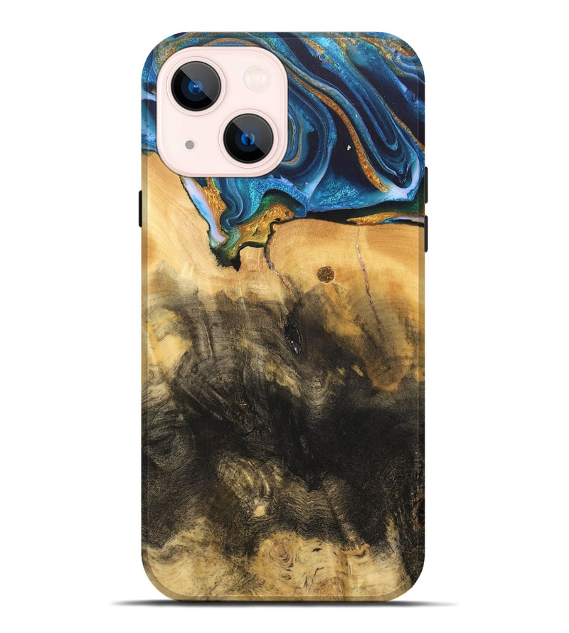 iPhone 14 Plus Wood Live Edge Phone Case - Demond (Teal & Gold, 734894)