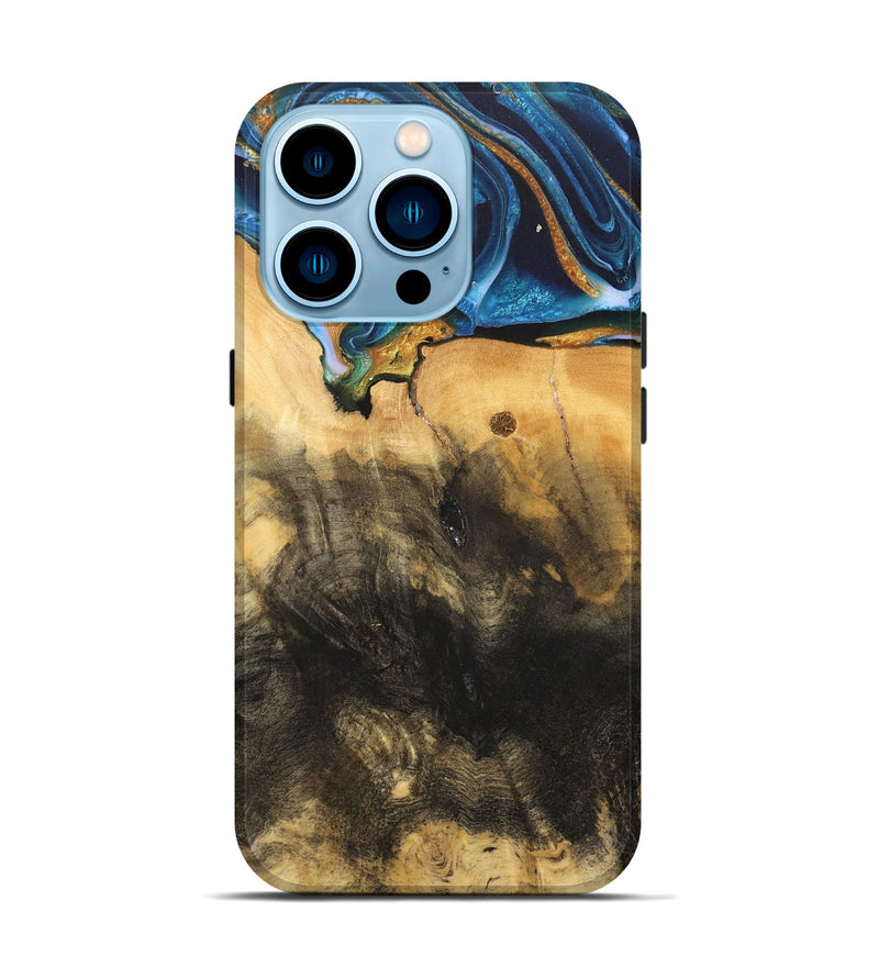 iPhone 14 Pro Wood Live Edge Phone Case - Demond (Teal & Gold, 734894)