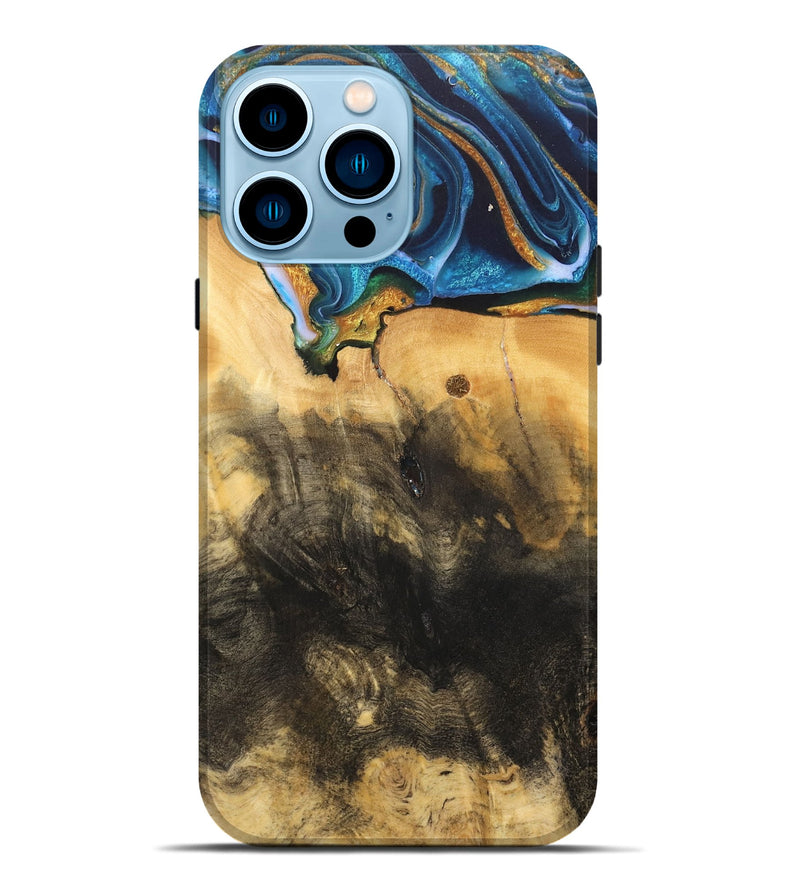 iPhone 14 Pro Max Wood Live Edge Phone Case - Demond (Teal & Gold, 734894)