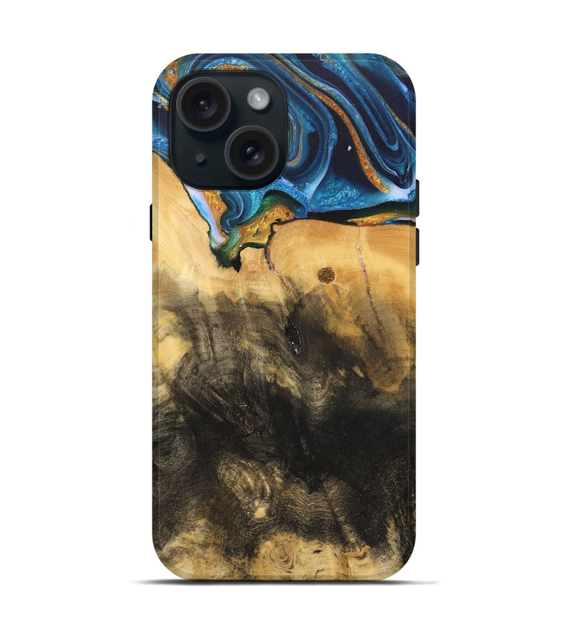 iPhone 15 Wood Live Edge Phone Case - Demond (Teal & Gold, 734894)