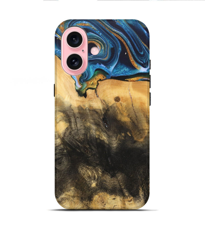 iPhone 16 Wood Live Edge Phone Case - Demond (Teal & Gold, 734894)