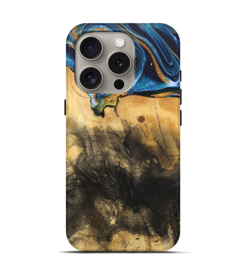 iPhone 16 Pro Wood Live Edge Phone Case - Demond (Teal & Gold, 734894)