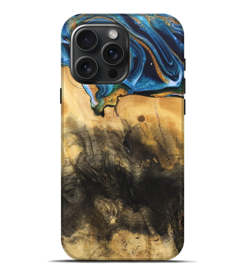 iPhone 16 Pro Max Wood Live Edge Phone Case - Demond (Teal & Gold, 734894)