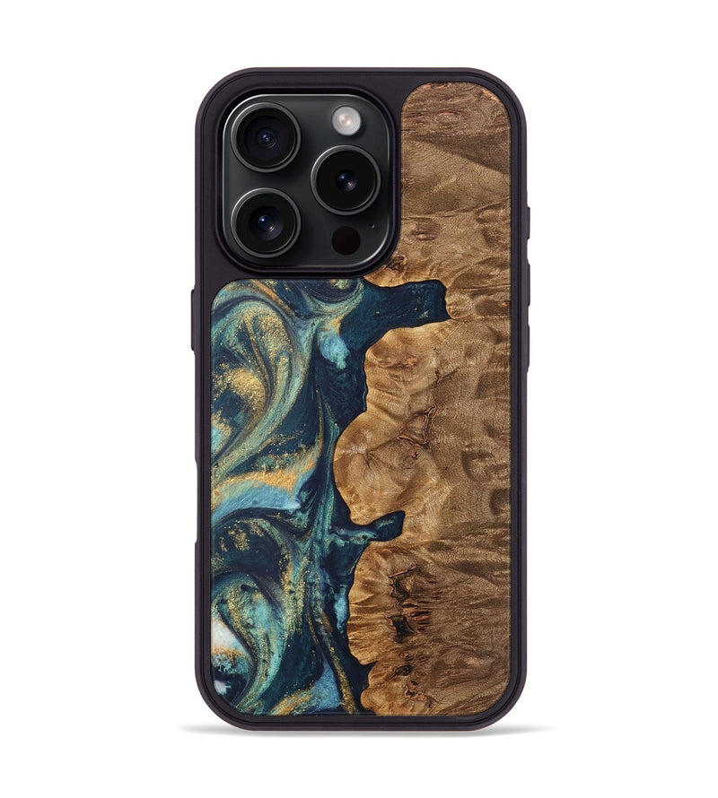 iPhone 16 Pro Wood Phone Case - Wenda (Teal & Gold, 735169)