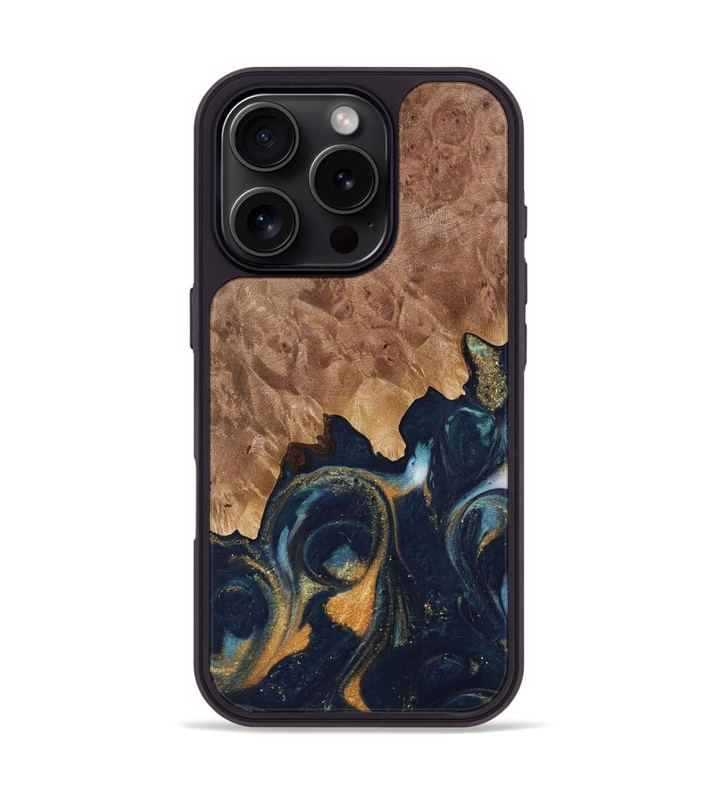 iPhone 16 Pro Wood Phone Case - Enrica (Teal & Gold, 735176)