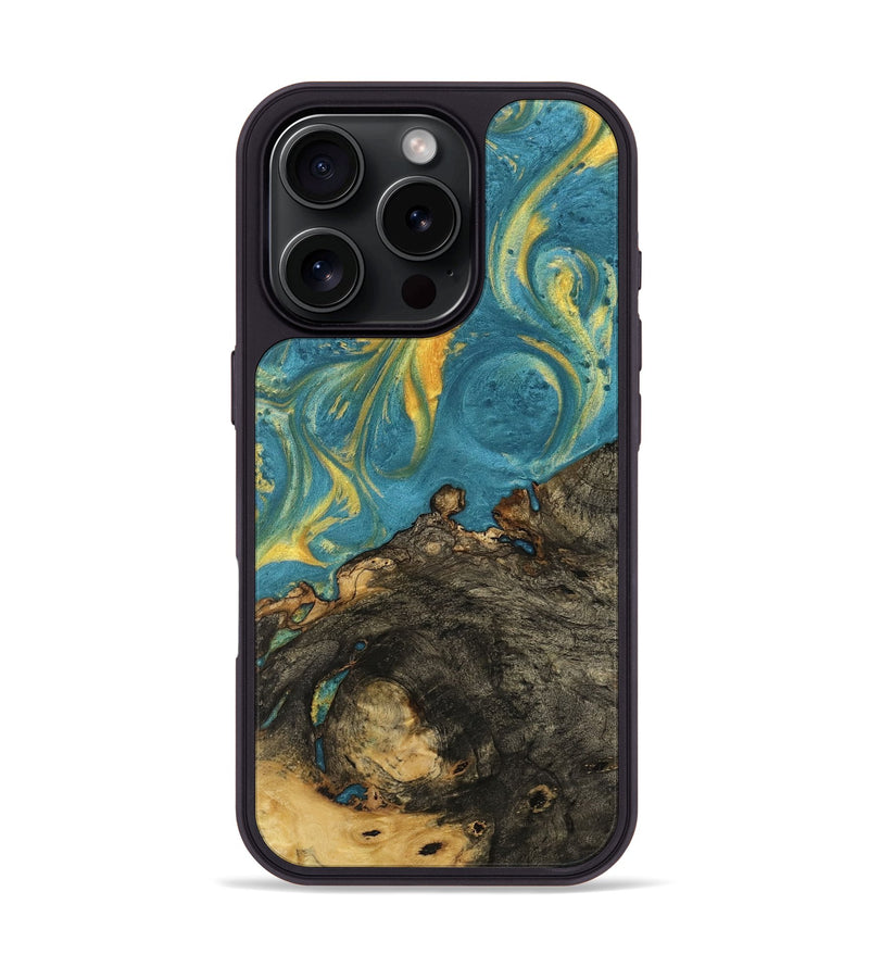 iPhone 16 Pro Wood Phone Case - Galina (Teal & Gold, 735376)