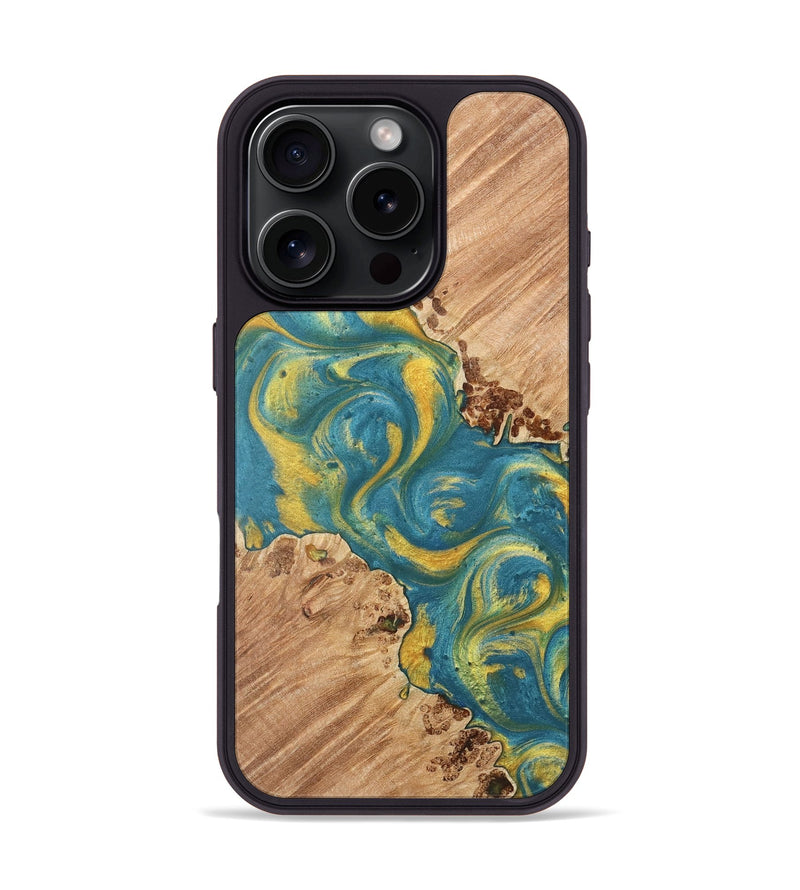 iPhone 16 Pro Wood Phone Case - Loma (Teal & Gold, 735377)