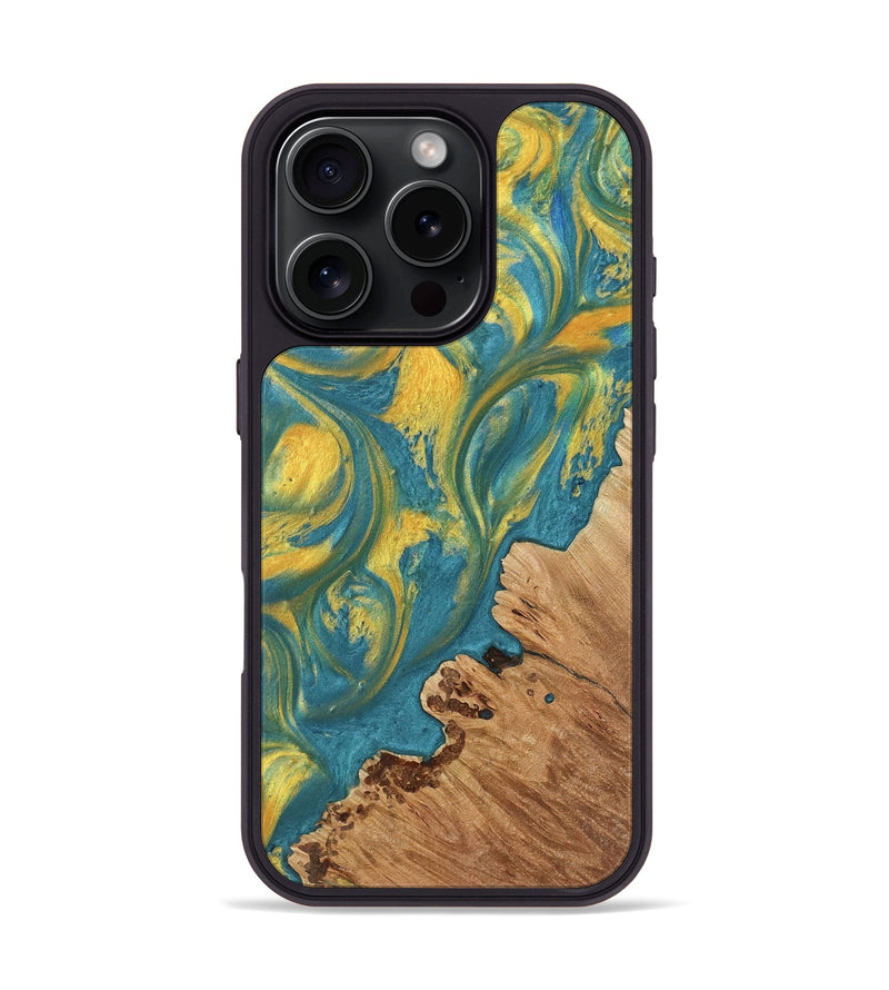 iPhone 16 Pro Wood Phone Case - Esley (Teal & Gold, 735378)