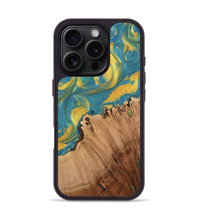 iPhone 16 Pro Wood Phone Case - Brier (Teal & Gold, 735387)