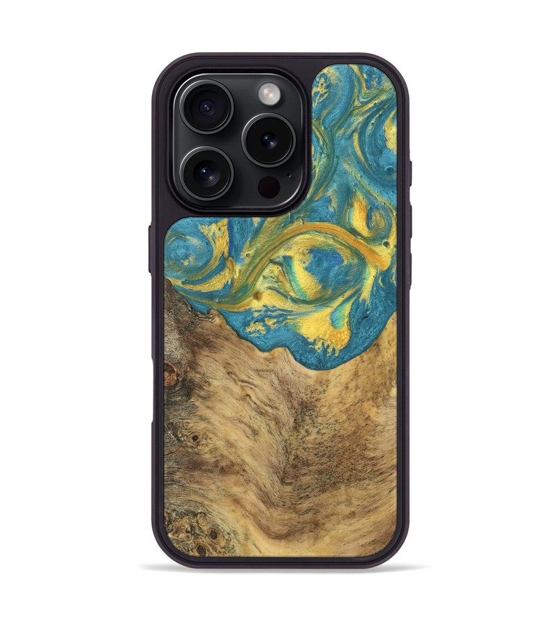 iPhone 16 Pro Wood Phone Case - Deondre (Teal & Gold, 735395)