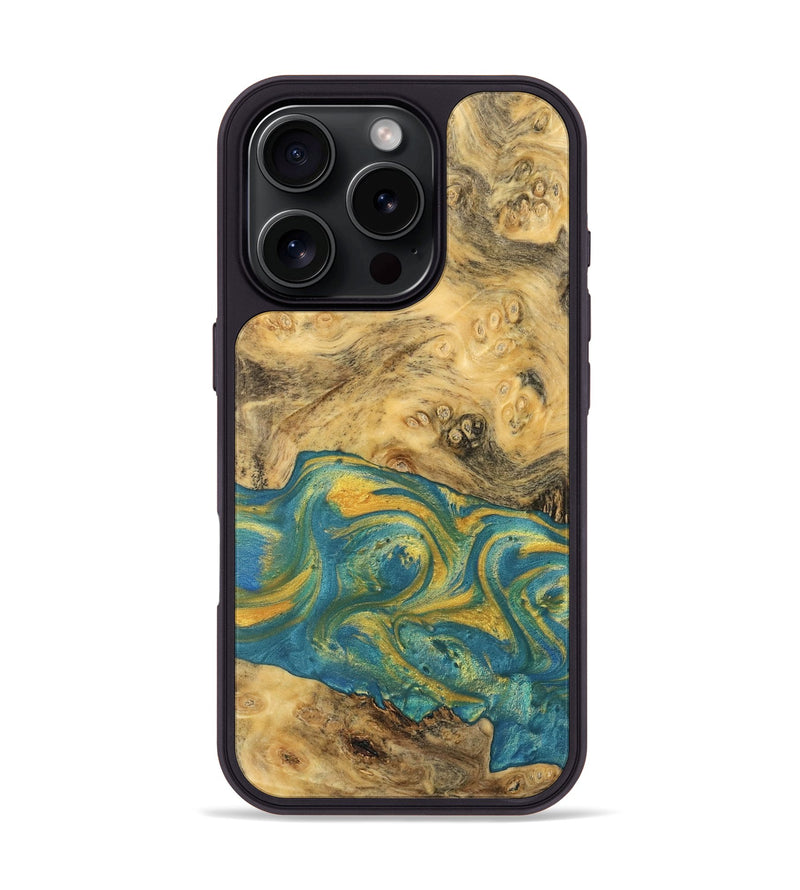 iPhone 16 Pro Wood Phone Case - Yasmin (Teal & Gold, 735401)