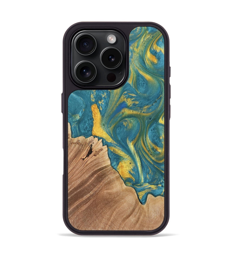 iPhone 16 Pro Wood Phone Case - Tito (Teal & Gold, 735406)