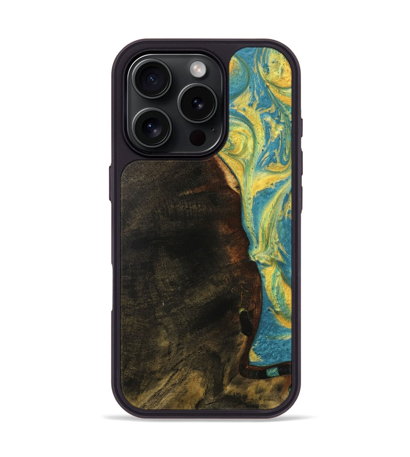 iPhone 16 Pro Wood Phone Case - Bettina (Teal & Gold, 735407)