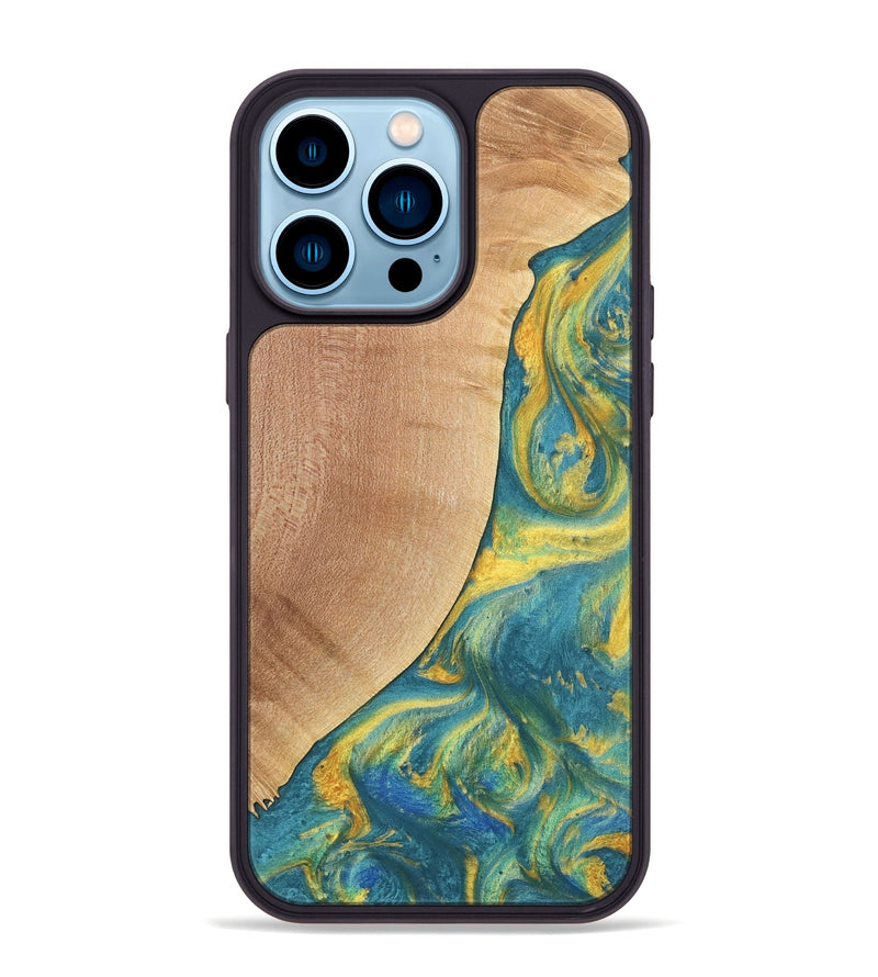 iPhone 14 Pro Max Wood Phone Case - Furman (Teal & Gold, 735408)