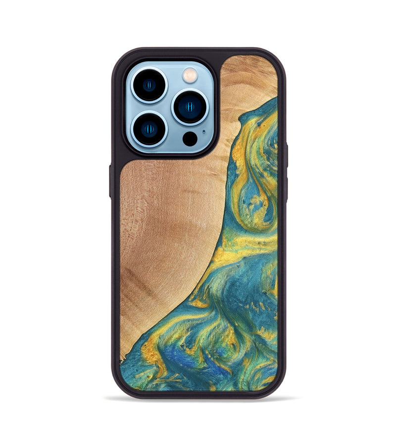 iPhone 14 Pro Wood Phone Case - Furman (Teal & Gold, 735408)